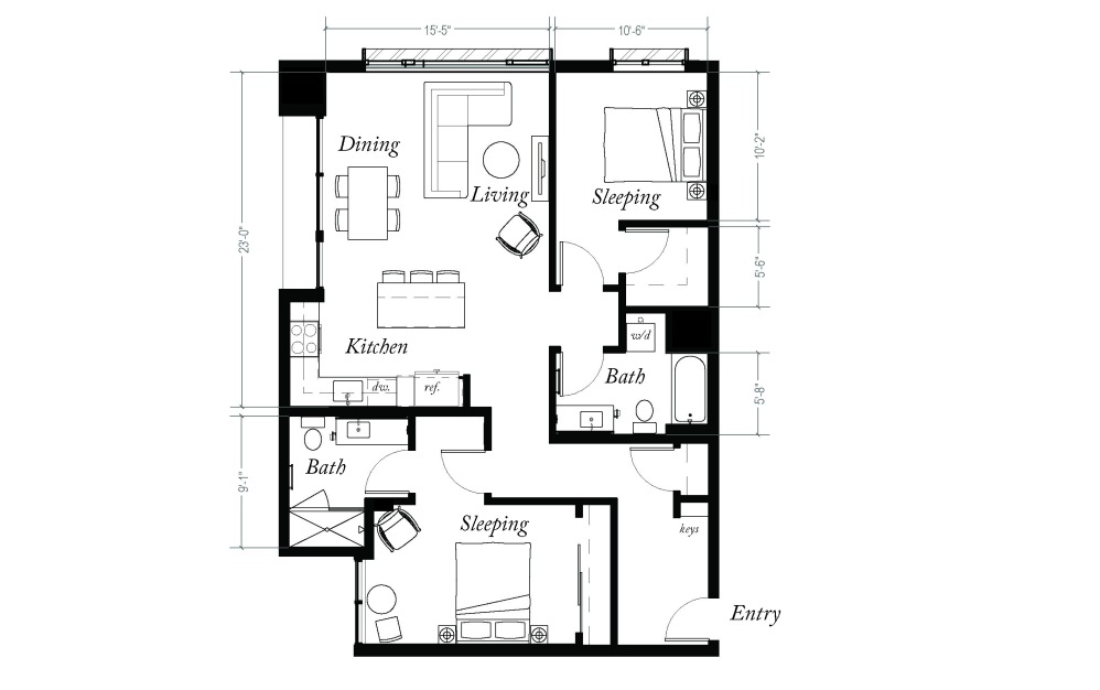 2X2 A - 2 bedroom floorplan layout with 2 baths and 1029 to 1215 square feet.