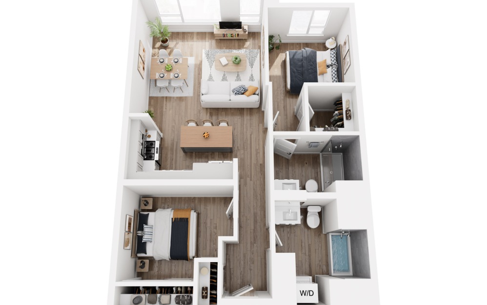 2X2 B - 2 bedroom floorplan layout with 2 bathrooms and 906 - 1002 square feet