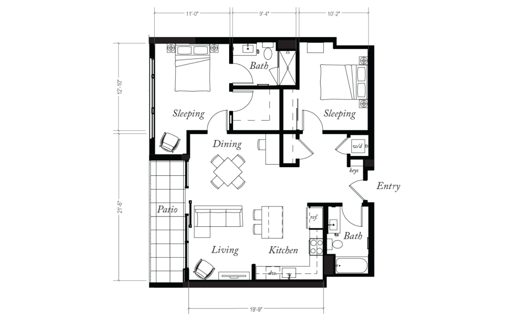 2X2 Penthouse B - 2 bedroom floorplan layout with 2 baths and 1056 to 1061 square feet.