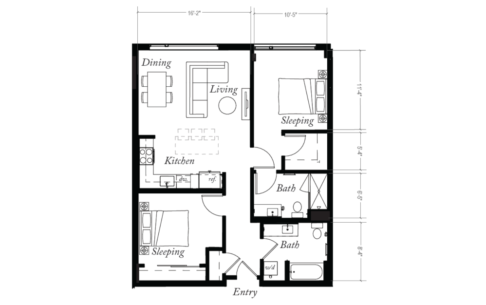 2X2 Penthouse D - 2 bedroom floorplan layout with 2 baths and 908 square feet.